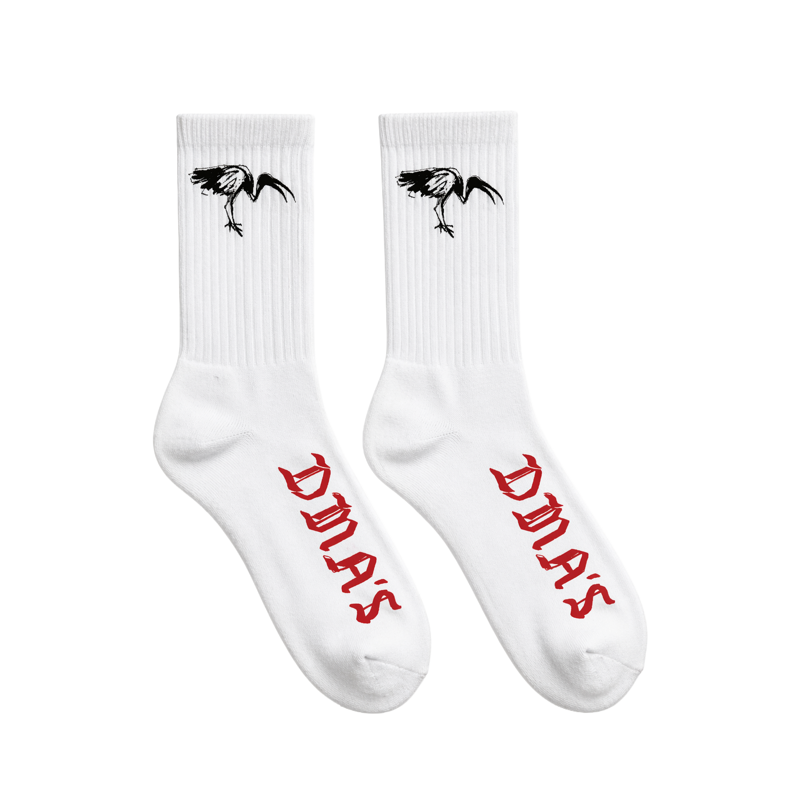 White DMA'S socks with black eagle design and red text.