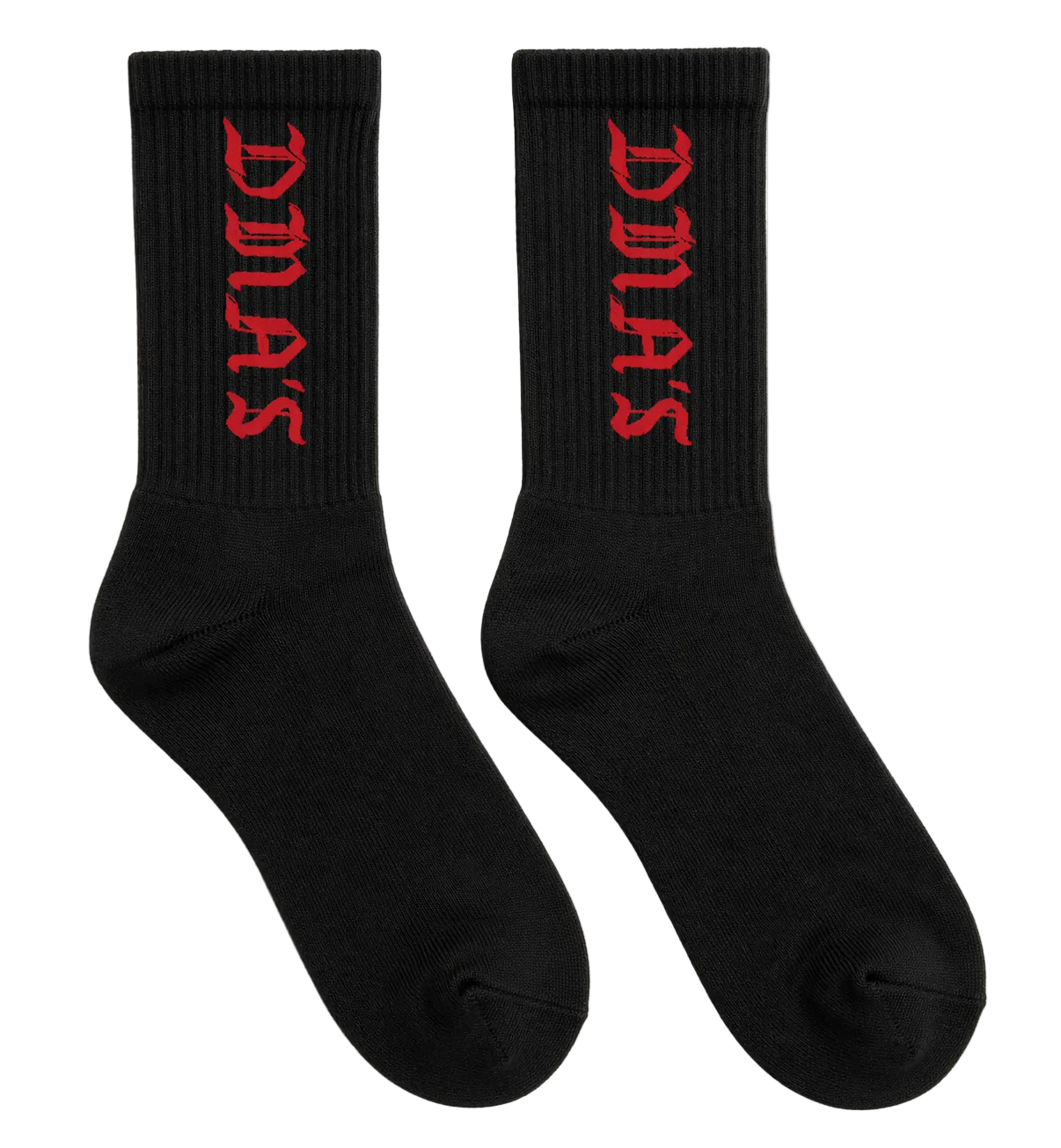 Black DMA'S socks with red text.