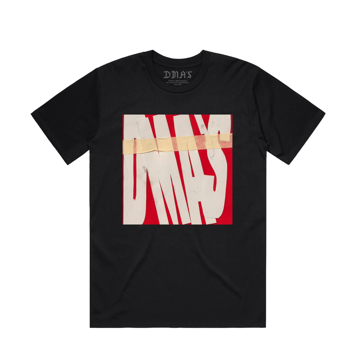 Black t-shirt with a graphic design featuring text 'DMA'S'