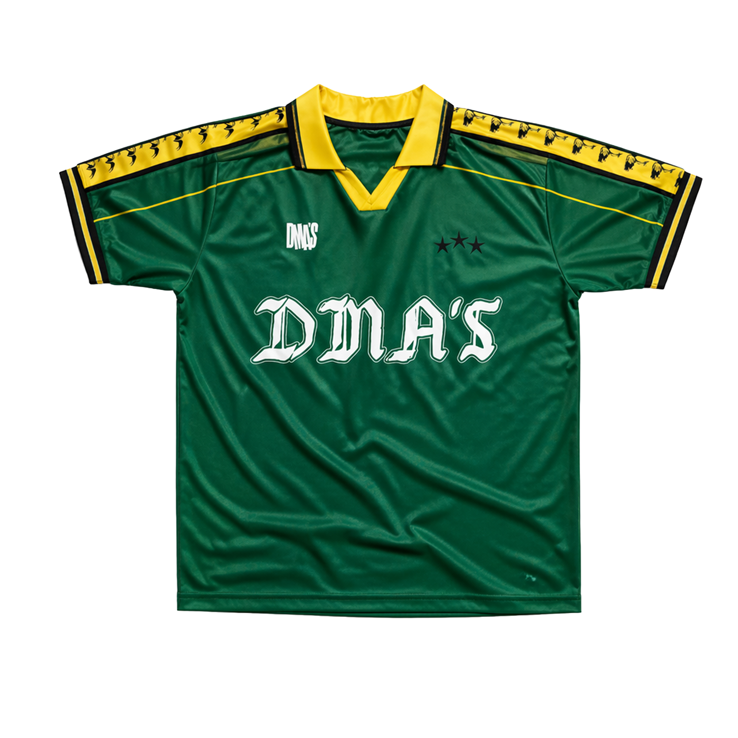 Green sports jersey with yellow accents and 'DMA'S' branding.