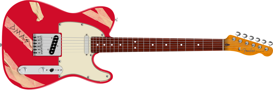 A red electric guitar shown from the front and back against a plain white background. The front view shows a cream pickguard, maple top, dark fretboard, and gold-toned headstock.