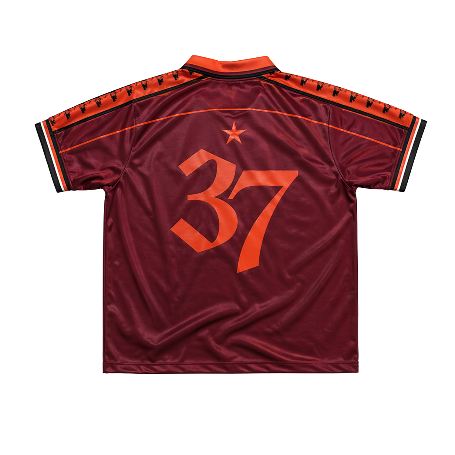 Maroon DMA'S sports jersey with orange number 37.