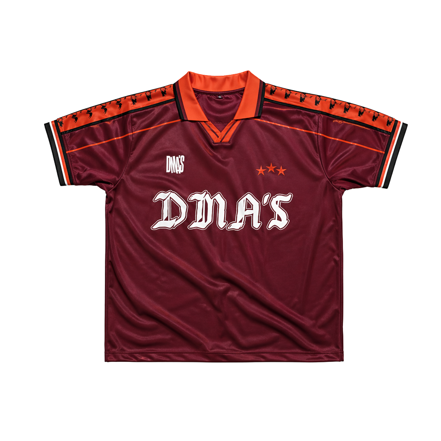 Maroon sports jersey with orange accents and 'DMA'S' branding.