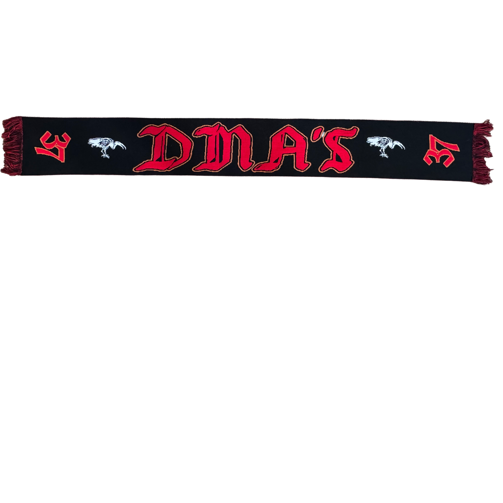 Black DMA'S scarf with red and white text and symbols. 