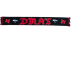 Black DMA'S scarf with red and white text and symbols. 