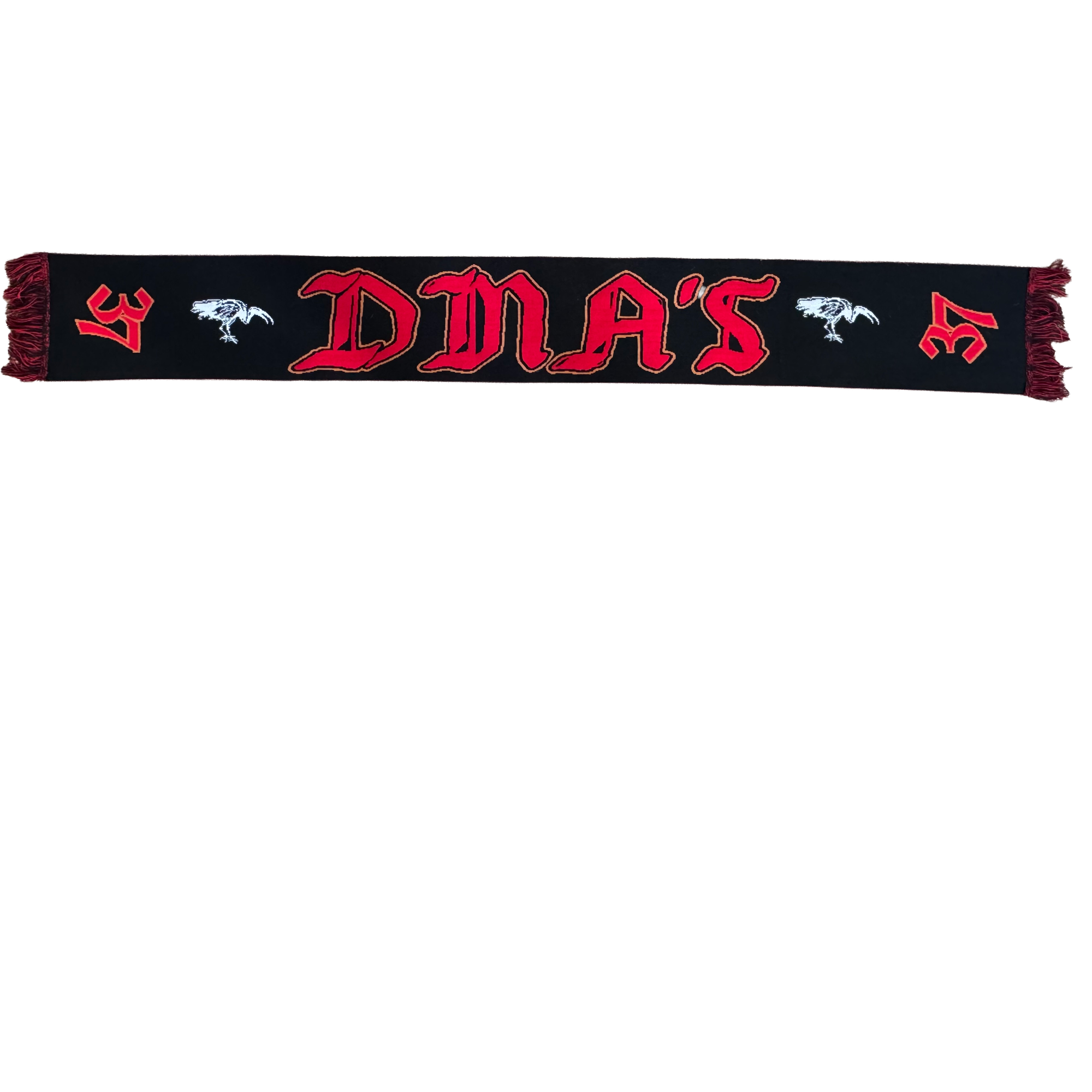 Black DMA'S scarf with red and white text and symbols. 