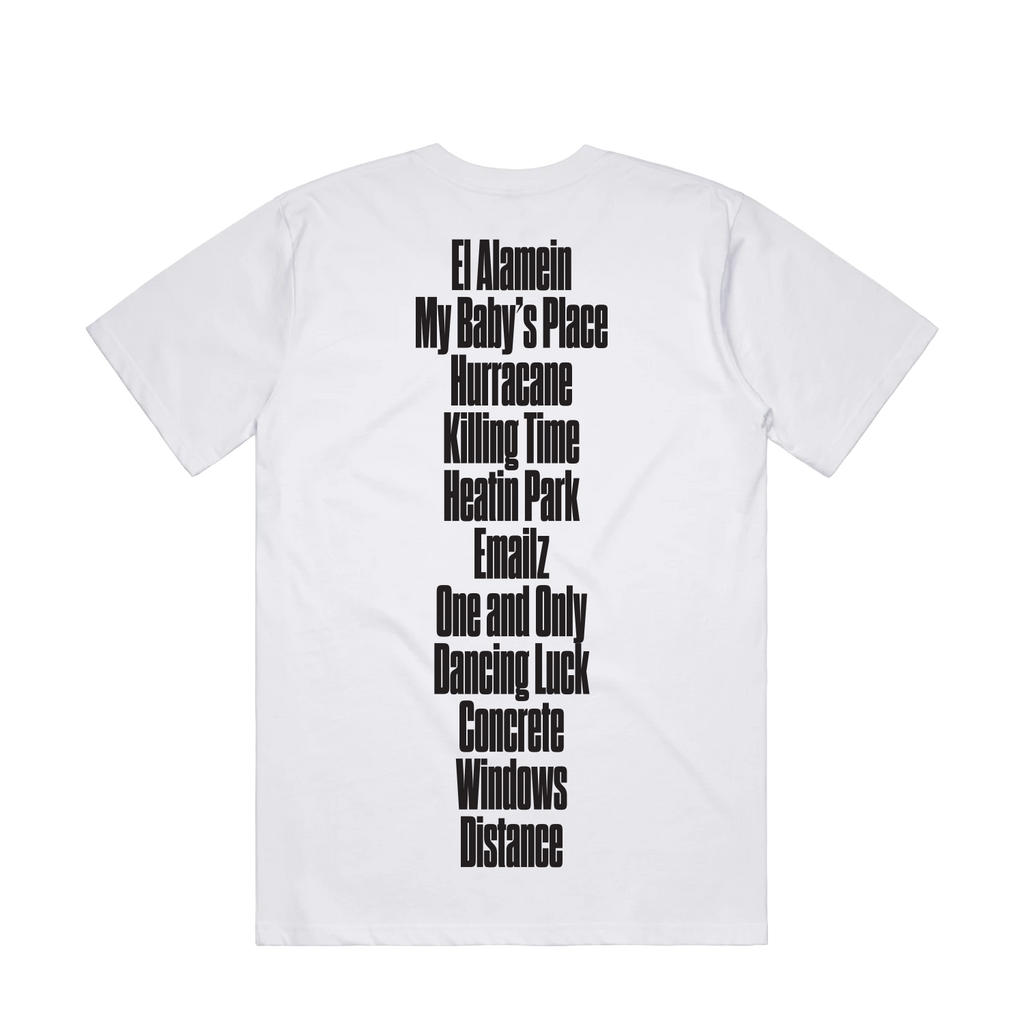 White DMA'S t-shirt with black text.