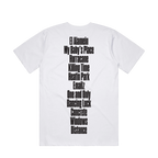 White DMA'S t-shirt with black text.