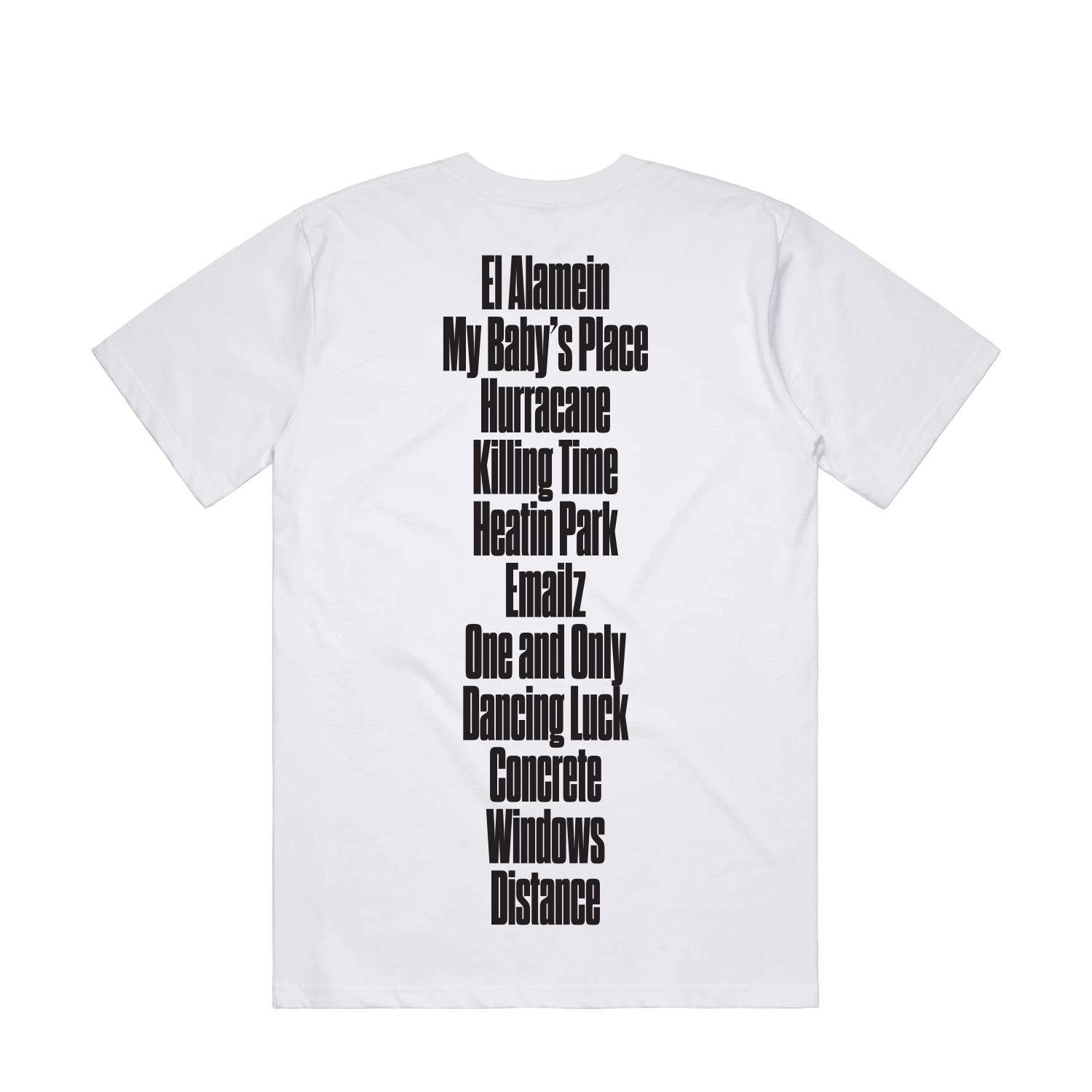 White DMA'S t-shirt with black text.