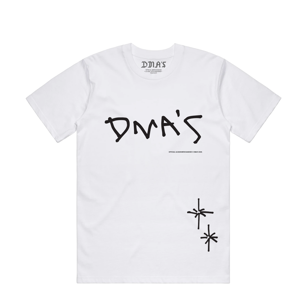 White DMA'S t-shirt with black text.