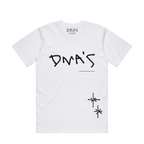 White DMA'S t-shirt with black text.