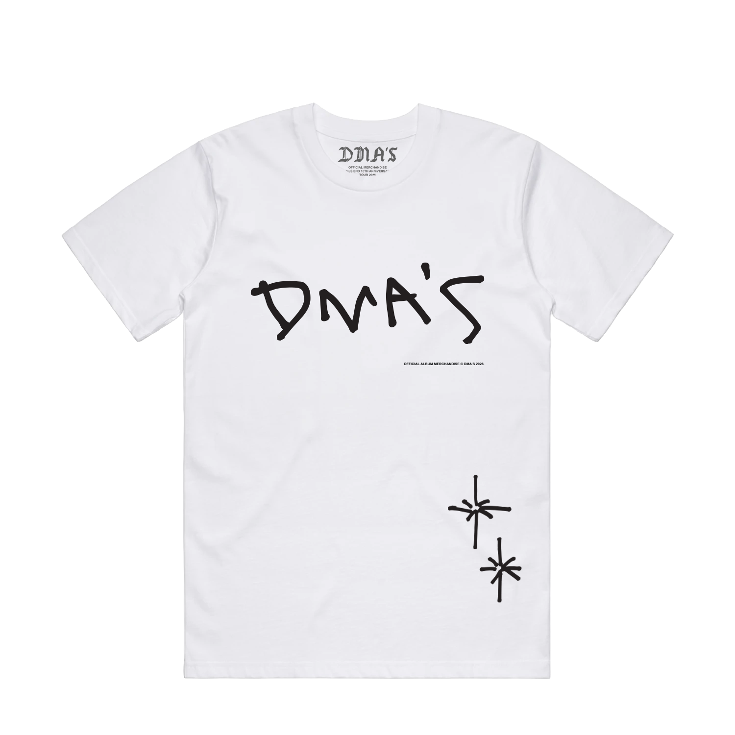 White DMA'S t-shirt with black text.